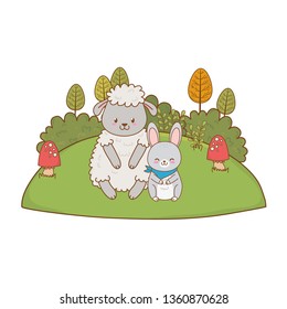 cute sheep and rabbit in the field