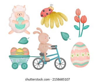 Cute Sheep, Rabbit And Lady Bug With Beautiful Easter Eggs On Happy Easter Holiday, Element Object In Cartoon Style For Graphic Designer, Vector Illustration