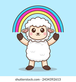 Cute Sheep With Rainbow Cartoon Vector Icon Illustration. Animal Holiday Icon Concept Isolated Premium Vector. Flat Cartoon Style