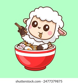 Cute Sheep In Ramen Noodle With Chopstick Cartoon Vector Icon Illustration. Animal Food Icon Concept Isolated Premium Vector. Flat Cartoon Style