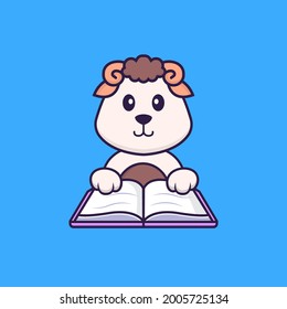 Cute sheep reading a book. Animal cartoon concept isolated. Can used for t-shirt, greeting card, invitation card or mascot.