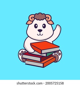 Cute sheep reading a book. Animal cartoon concept isolated. Can used for t-shirt, greeting card, invitation card or mascot.