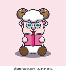 Cute sheep reading a book. Cute cartoon animal illustration.