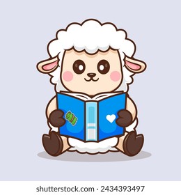 Cute Sheep Reading Book Cartoon Vector Icon Illustration. Animal Education Icon Concept Isolated Premium Vector. Flat Cartoon Style