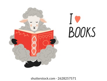 Cute sheep  reading book. Domestic animal holding book. 