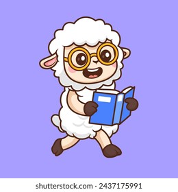 Cute Sheep Reading Book With Glasses Cartoon Vector Icon Illustration. Animal Education Icon Concept Isolated Premium Vector. Flat Cartoon Style