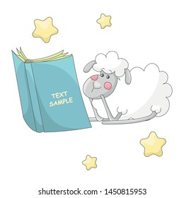 Cute sheep reading a book. Yellow stars around. Copy space on the book. White background. editable post frame template for social media. Cartoon style illustration. Vector.
