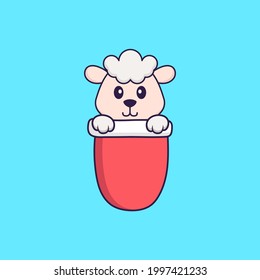 Cute sheep in red pocket. Animal cartoon concept isolated. Can used for t-shirt, greeting card, invitation card or mascot.