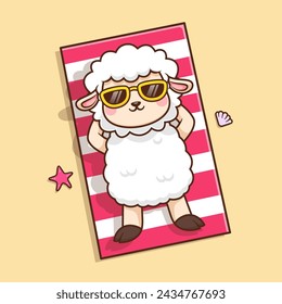 Cute Sheep Relaxing On Mat In Beach Cartoon Vector Icon Illustration. Animal Holiday Icon Concept Isolated Premium Vector. Flat Cartoon Style