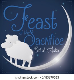 Cute sheep resting in the crescent Moon with a view of a starry night during Eid al-Adha or Feast of the Sacrifice.