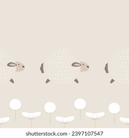 Cute sheep are running across the field. Seamless pattern. Template for paper, fabric, textile, banner. Vector illustration on isolated background in modern style.
