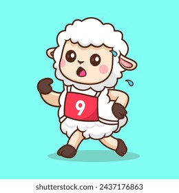 Cute Sheep Running Marathon Cartoon Vector Icon Illustration. Animal Sport Icon Concept Isolated Premium Vector. Flat Cartoon Style