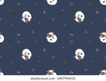 cute sheep seamlees pattern, vector lamb wrapping and navy background