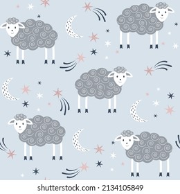 Cute sheep seamless pattern. Cartoon animals kids print. Creative vector illustration in Scandinavian style. Funny sheep and stars on a gray background.