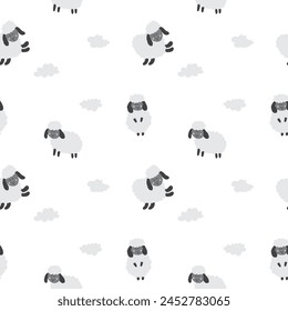 Cute Sheep Seamless Pattern, Cartoon Background vector Illustration.