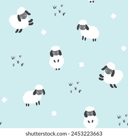 Cute Sheep Seamless Pattern, Cartoon Background vector Illustration.