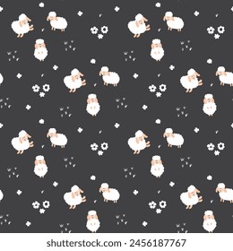 Cute Sheep Seamless Pattern, Cartoon Background vector Illustration.