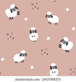 Cute Sheep Seamless Pattern, Cartoon Background vector Illustration.