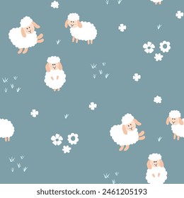 Cute Sheep Seamless Pattern, Cartoon Background vector Illustration.