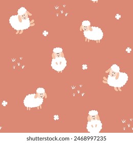 Cute Sheep Seamless Pattern, Cartoon Background vector Illustration.