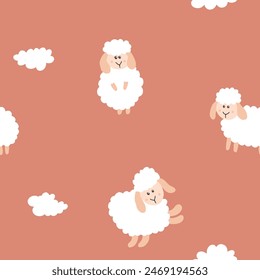 Cute Sheep Seamless Pattern, Cartoon Background vector Illustration.