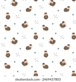 Cute Sheep Seamless Pattern, Cartoon Background vector Illustration.