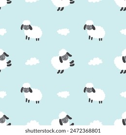 Cute Sheep Seamless Pattern, Cartoon Background vector Illustration.