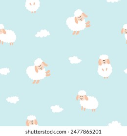 Cute Sheep Seamless Pattern, Cartoon Background vector Illustration.
