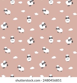 Cute Sheep Seamless Pattern, Cartoon Background vector Illustration.