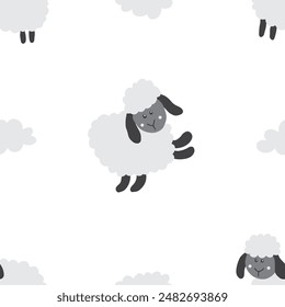 Cute Sheep Seamless Pattern, Cartoon Background vector Illustration.