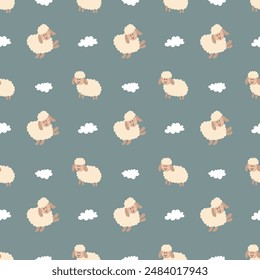 Cute Sheep Seamless Pattern, Cartoon Background vector Illustration.