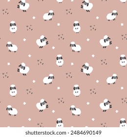 Cute Sheep Seamless Pattern, Cartoon Background vector Illustration.