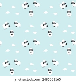 Cute Sheep Seamless Pattern, Cartoon Background vector Illustration.