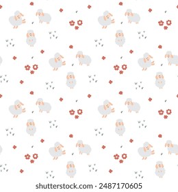 Cute Sheep Seamless Pattern, Cartoon Background vector Illustration.
