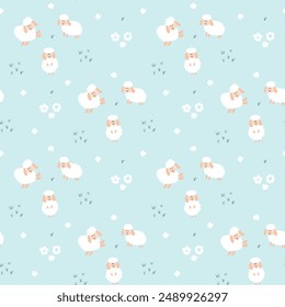 Cute Sheep Seamless Pattern, Cartoon Background vector Illustration.