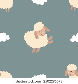 Cute Sheep Seamless Pattern, Cartoon Background vector Illustration.