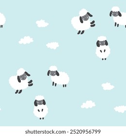 Cute Sheep Seamless Pattern, Cartoon Background vector Illustration.