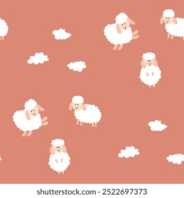 Cute Sheep Seamless Pattern, Cartoon Background vector Illustration.