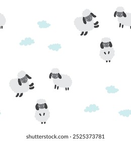 Cute Sheep Seamless Pattern, Cartoon Background vector Illustration.