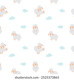 Cute Sheep Seamless Pattern, Cartoon Background vector Illustration.