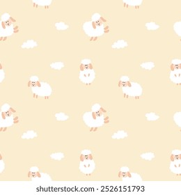 Cute Sheep Seamless Pattern, Cartoon Background vector Illustration.