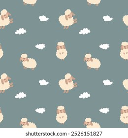 Cute Sheep Seamless Pattern, Cartoon Background vector Illustration.