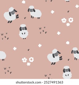Cute Sheep Seamless Pattern, Cartoon Background vector Illustration.