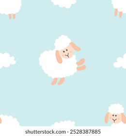 Cute Sheep Seamless Pattern, Cartoon Background vector Illustration.