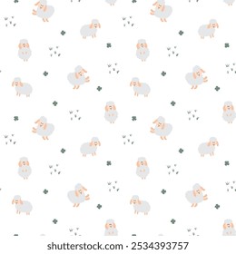 Cute Sheep Seamless Pattern, Cartoon Background vector Illustration.