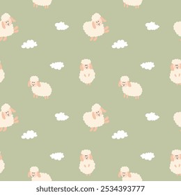 Cute Sheep Seamless Pattern, Cartoon Background vector Illustration.