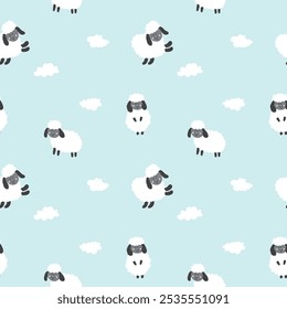 Cute Sheep Seamless Pattern, Cartoon Background vector Illustration.