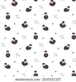 Cute Sheep Seamless Pattern, Cartoon Background vector Illustration.