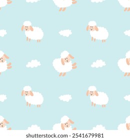 Cute Sheep Seamless Pattern, Cartoon Background vector Illustration.