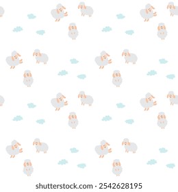 Cute Sheep Seamless Pattern, Cartoon Background vector Illustration.